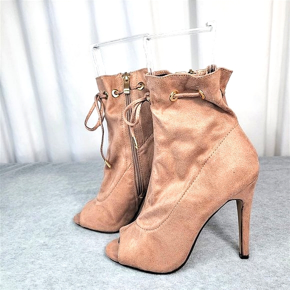 Mauve Drawstring Open Toe High Heel Ankle Boots - Picture 3 of 5